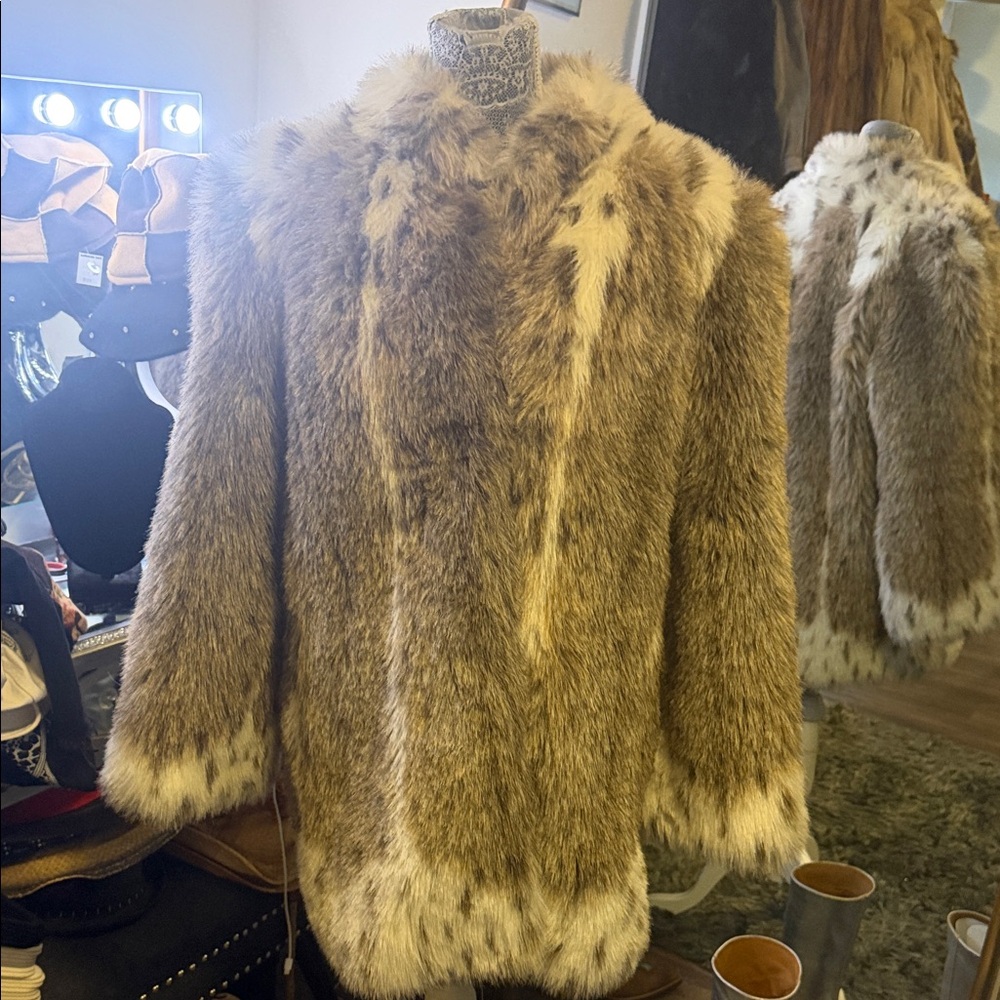Vintage Faux Fur Coat - Brown white made in USA 1970s